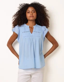 Cotton Embroidery Detail Ruffle Sleeve Top