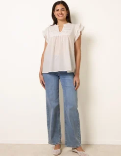 Cotton Embroidery Detail Ruffle Sleeve Top