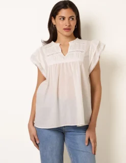 Cotton Embroidery Detail Ruffle Sleeve Top