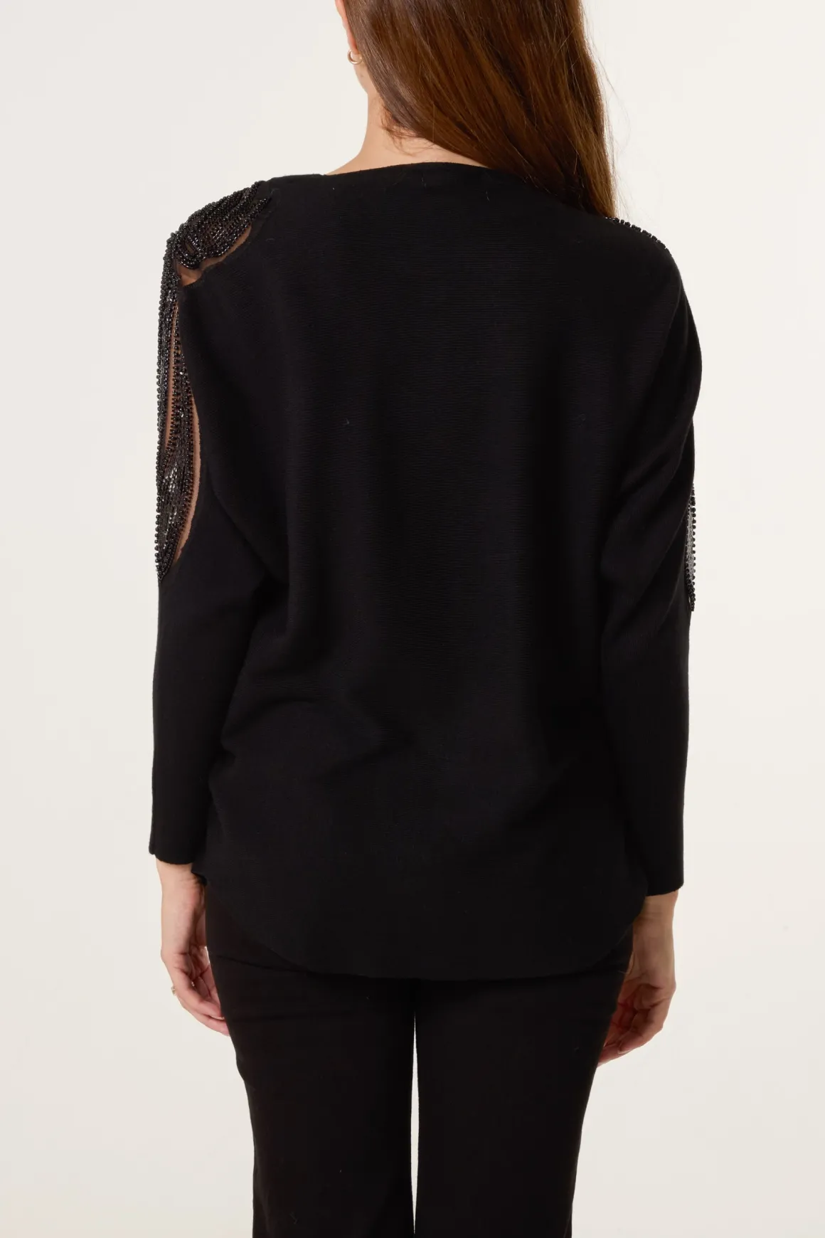Crew Neck Batwing Shoulder Pearl Detailing Jumper