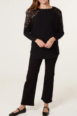 Crew Neck Batwing Shoulder Pearl Detailing Jumper