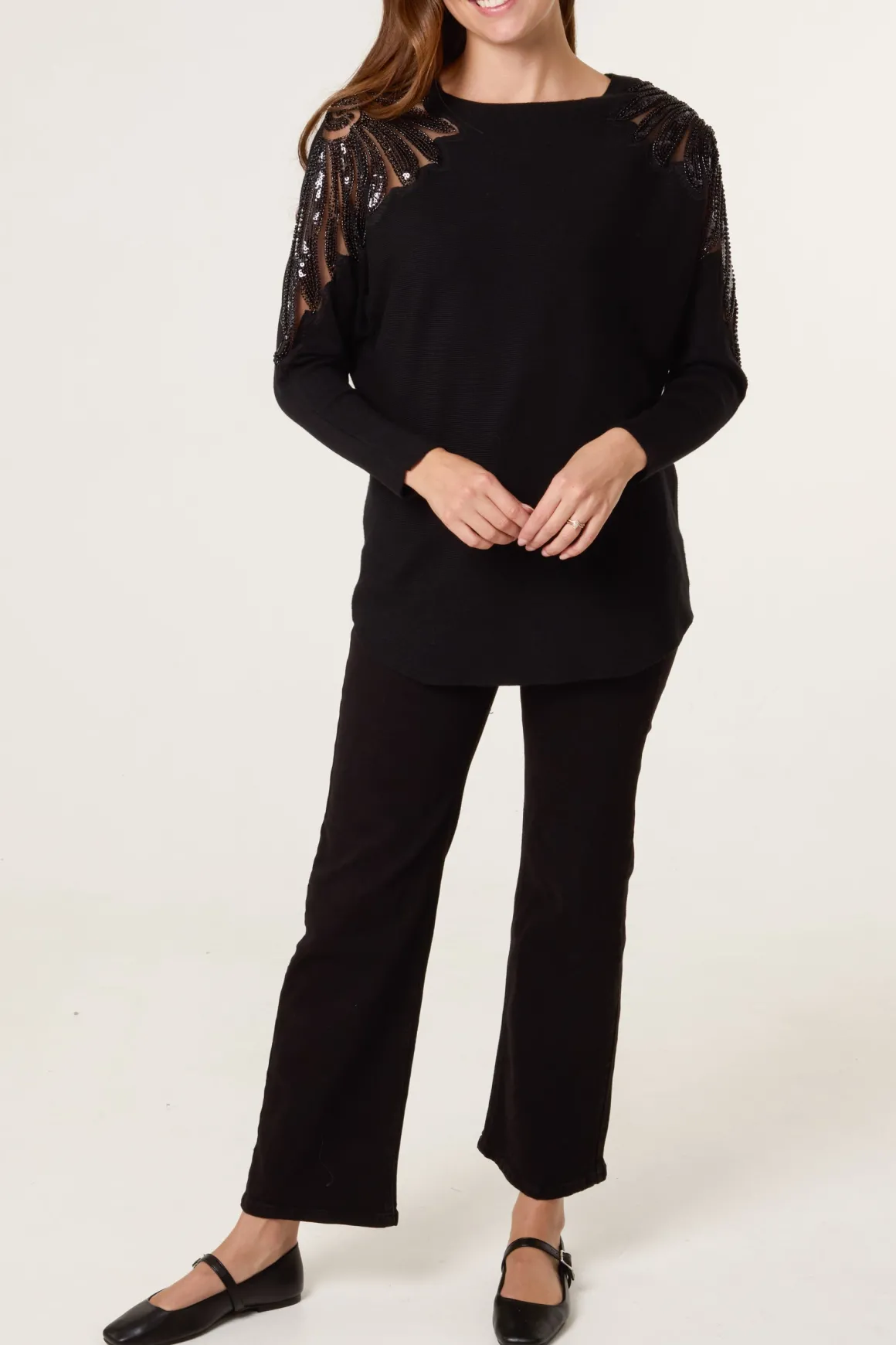 Crew Neck Batwing Shoulder Pearl Detailing Jumper