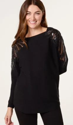 Crew Neck Batwing Shoulder Pearl Detailing Jumper