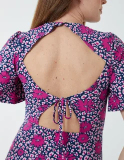 Crew Neck Midi Angel Sleeve Tie Open Back Dress