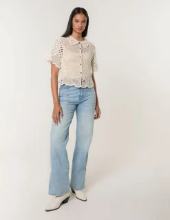Crochet Short Sleeve Button Front Shirt
