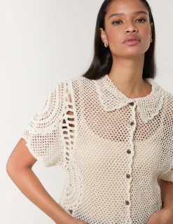 Crochet Short Sleeve Button Front Shirt