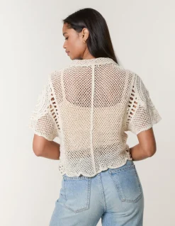 Crochet Short Sleeve Button Front Shirt