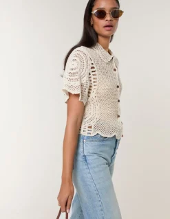 Crochet Short Sleeve Button Front Shirt