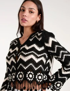 Crochet Zig Zag Tassel Detailed Button Front Cardigan
