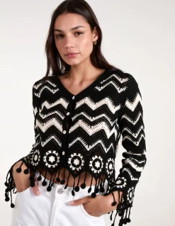 Crochet Zig Zag Tassel Detailed Button Front Cardigan