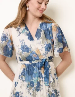Crossover Pleated Print Dress