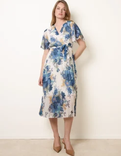 Crossover Pleated Print Dress