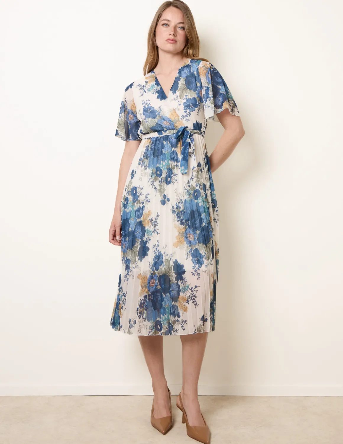 Crossover Pleated Print Dress