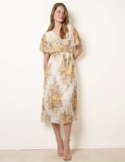 Crossover Pleated Print Dress