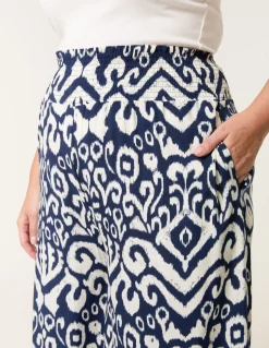 Curve Abstract Printed Shirred Waist Wide Leg Trousers