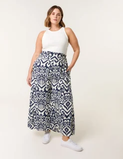 Curve Abstract Printed Shirred Waist Wide Leg Trousers