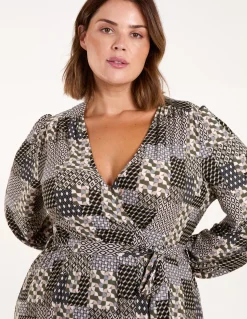 Curve Geometric Wrap Front Belted Midi Dress