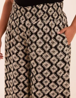 Curve Shirred Wide Leg Aztec Trousers