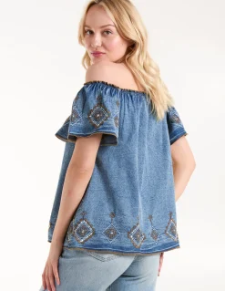 Denim Embroidered Bardot Top