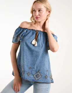 Denim Embroidered Bardot Top