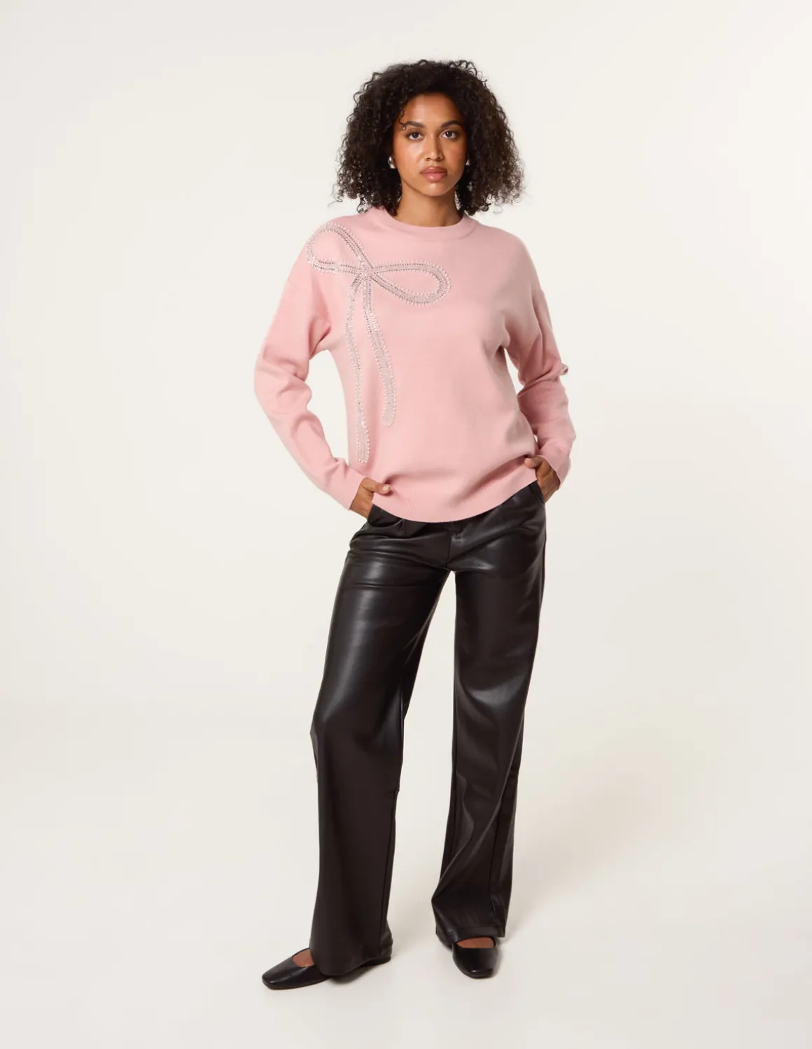 Diamante And Pearl Bow Knit Jumper
