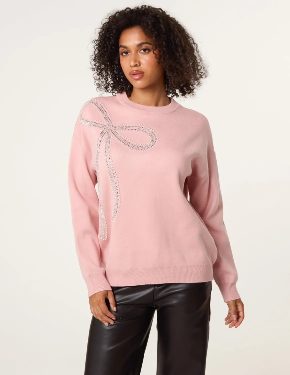 Diamante And Pearl Bow Knit Jumper
