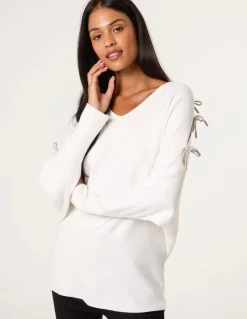 Diamante Bow Cut Out Sleeve Jumper
