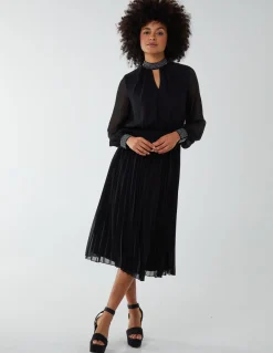 Diamante Collar Pleated Skirt Midi Dress