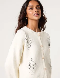 Diamante Sequin Brochure Button Front Cardigan