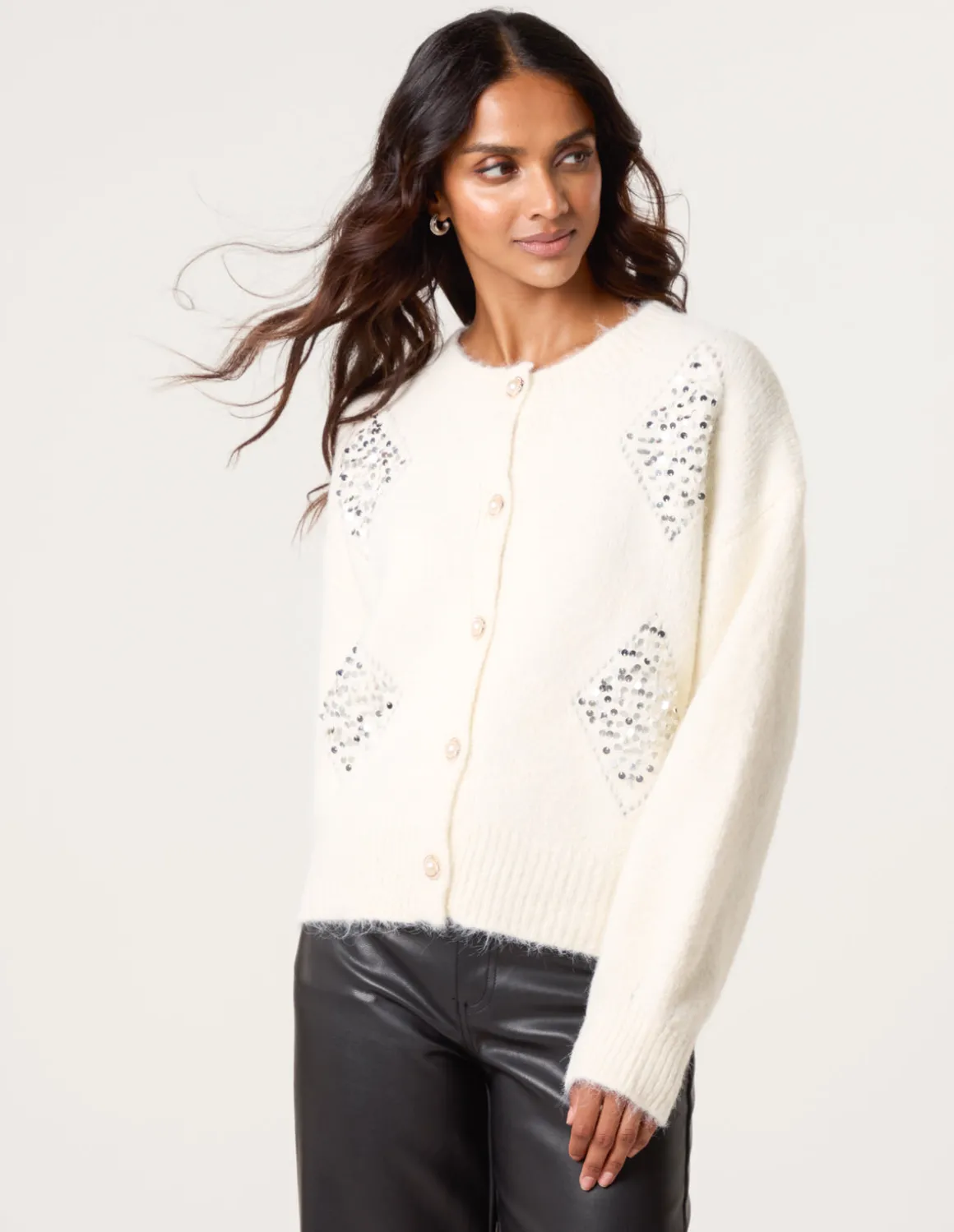 Diamante Sequin Brochure Button Front Cardigan