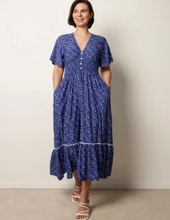 Ditsy Floral Button Front Raglan Trim Dress
