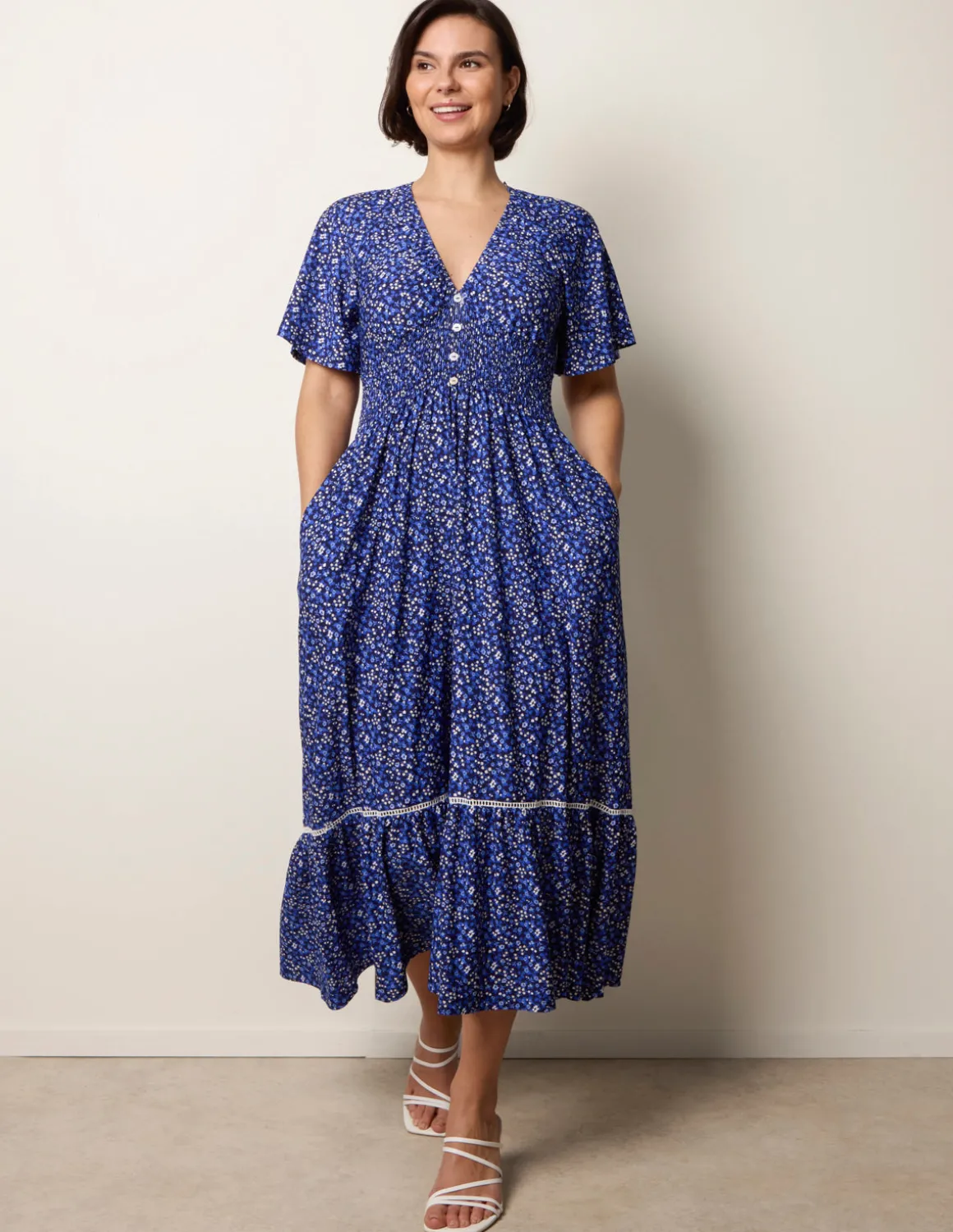Ditsy Floral Button Front Raglan Trim Dress