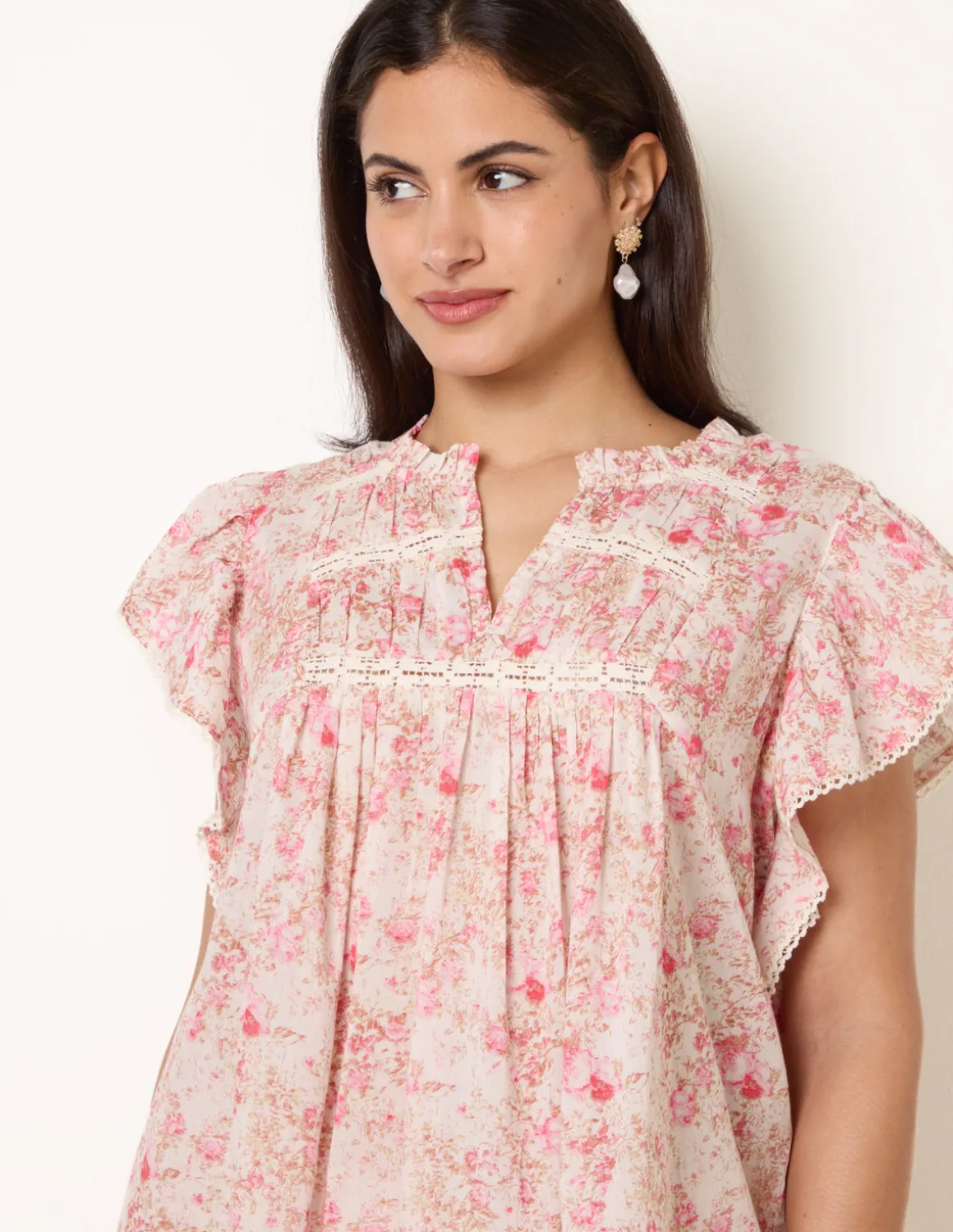 Ditsy Floral Cotton Ruffle Sleeve Top