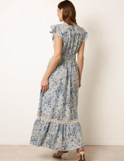 Ditsy Floral Print Shirred Waist Button Front Maxi Dress