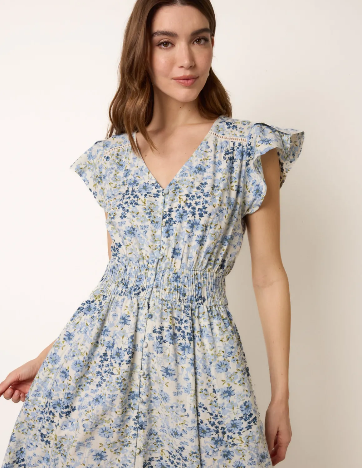 Ditsy Floral Print Shirred Waist Button Front Maxi Dress