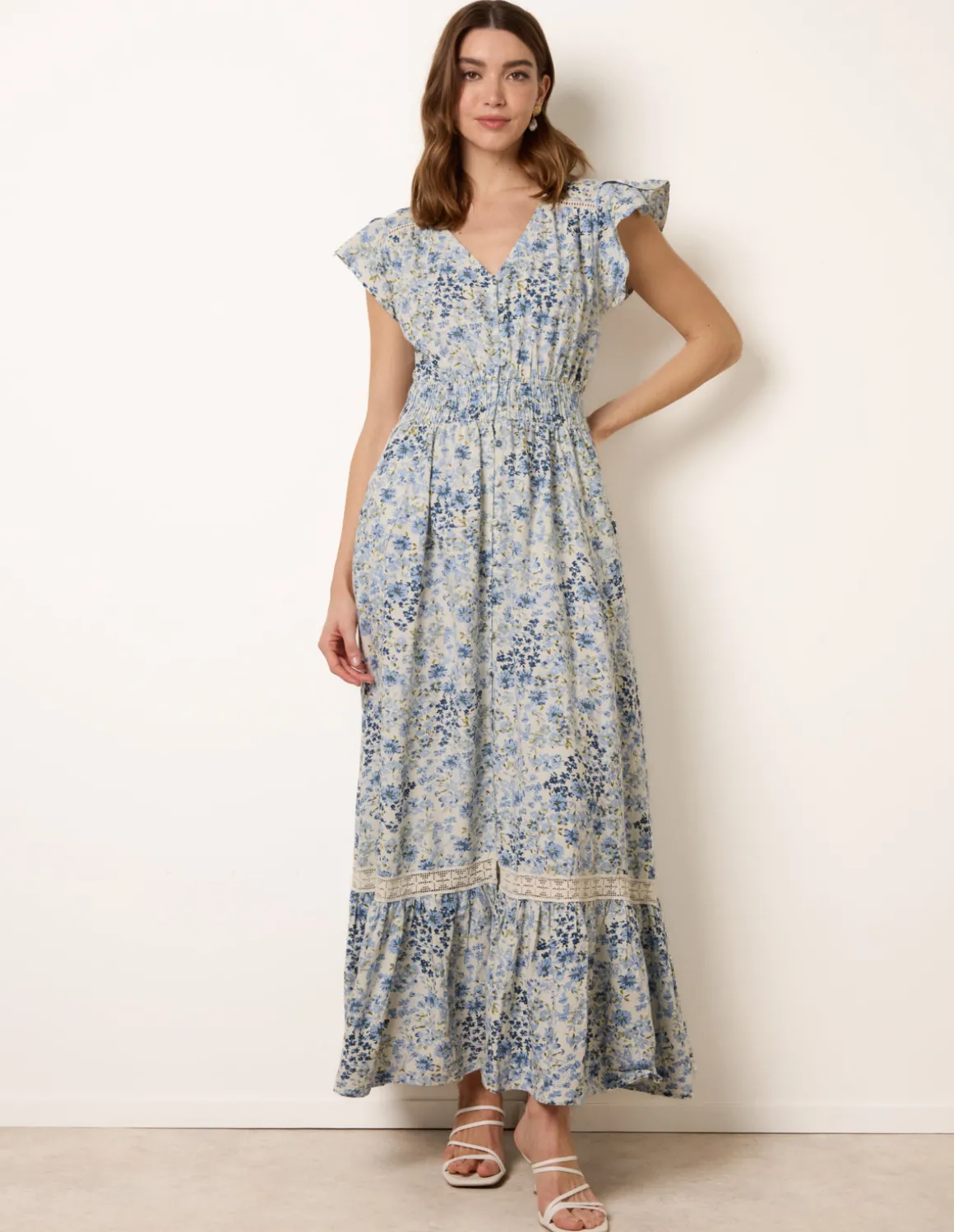 Ditsy Floral Print Shirred Waist Button Front Maxi Dress