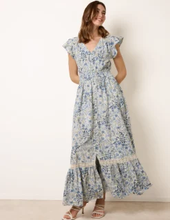 Ditsy Floral Print Shirred Waist Button Front Maxi Dress