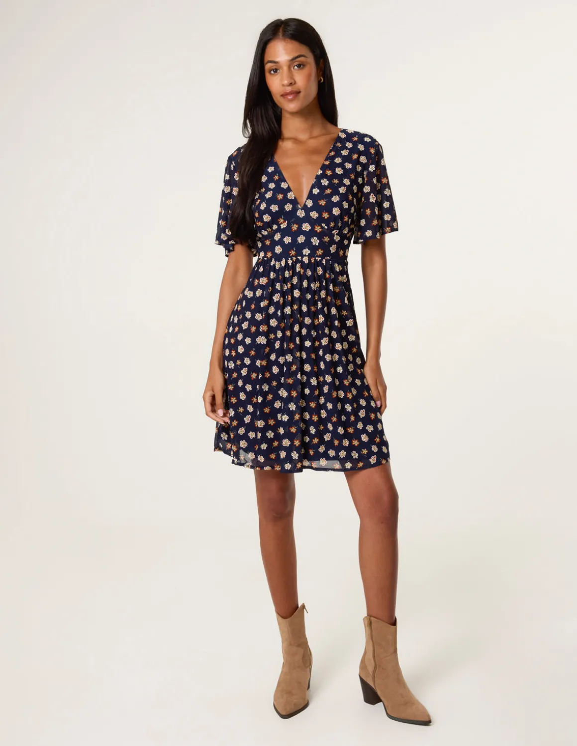 Ditsy Floral V Neck Tie Back Mini Dress