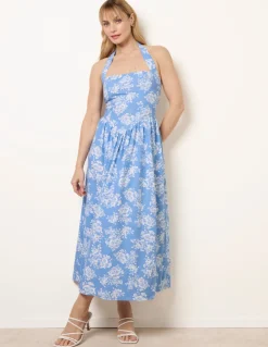 Ditsy Floral V Waist Halter Midi Dress