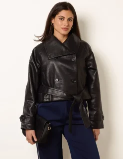 Double Breasted Leather Look Jacket