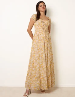 Double Front Tie Shirred Ditsy Floral Maxi Dress