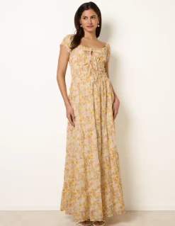 Double Front Tie Shirred Ditsy Floral Maxi Dress