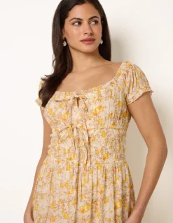 Double Front Tie Shirred Ditsy Floral Maxi Dress