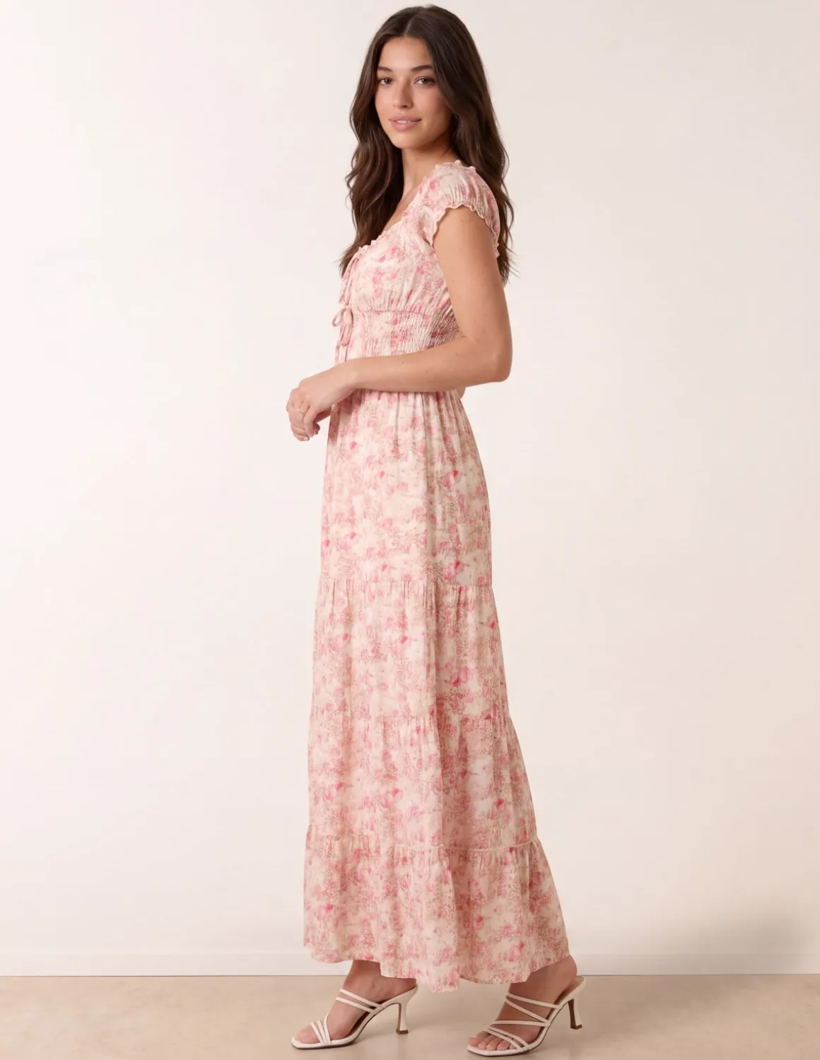 Double Front Tie Shirred Ditsy Floral Maxi Dress