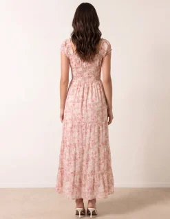 Double Front Tie Shirred Ditsy Floral Maxi Dress