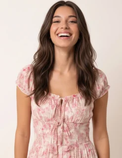 Double Front Tie Shirred Ditsy Floral Maxi Dress