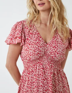 Double Ruffle Empire Shirred Mini Dress