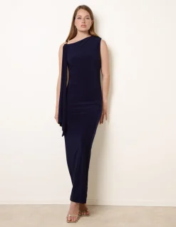 Drape Brooch Detailing Ruched Maxi Dress