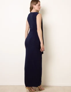 Drape Brooch Detailing Ruched Maxi Dress