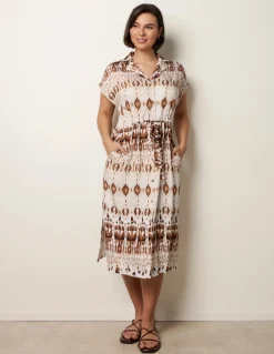 Drawstring Printed Midi Shirt Dress